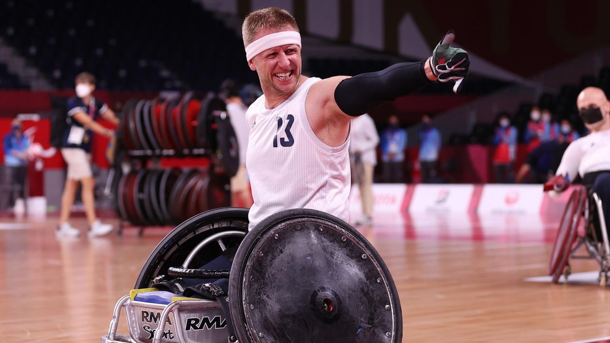 Aaron Phipps celebrates victory in wheelchair rugby, Tokyo 2020 Paralympic Games, Tokyo, Japan, August 29, 2021