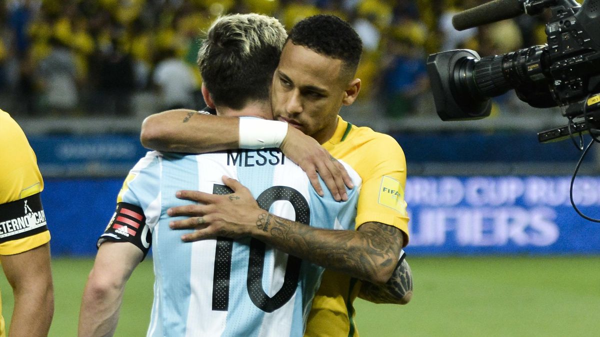 Neymar Jr of Brazil greets Lionel Messi of Argentina prior a match between Argentina and Brazil as part of FIFA 2018 World Cup Qualifiers at Mineirao Stadium on November 10, 2016 in Belo Horizonte, Brazil