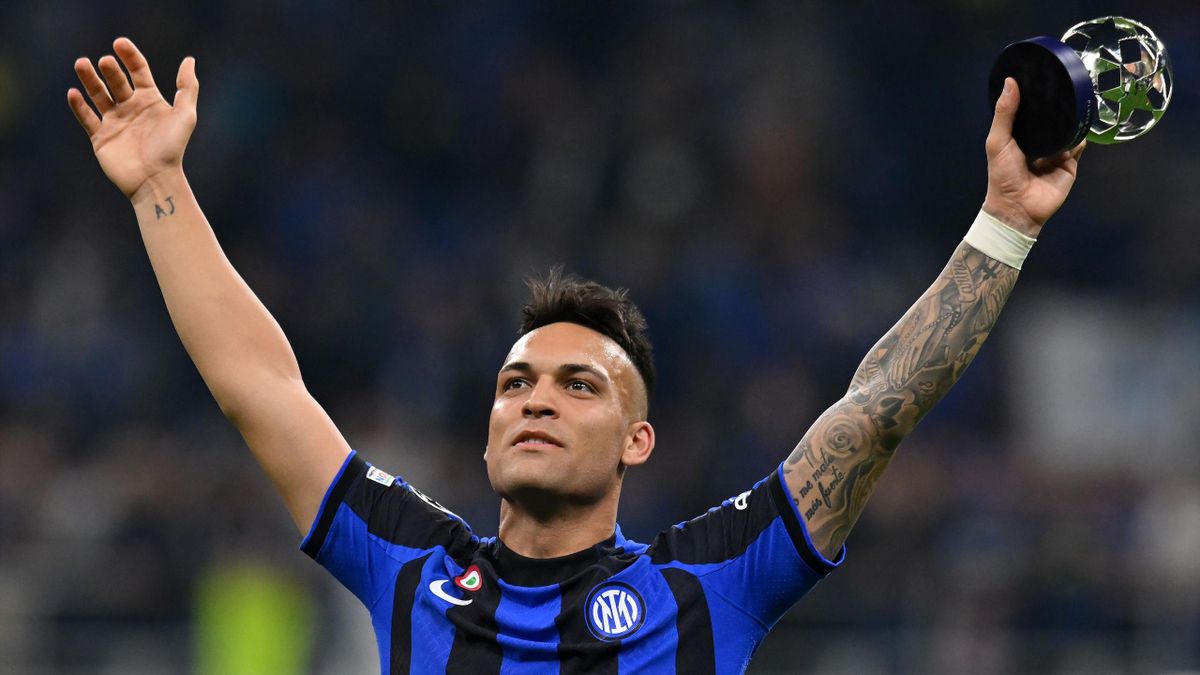 Lautaro Martinez of FC Internazionale celebrates after winning the UEFA Champions League semi-final second leg match between FC Internazionale v AC Milan at Stadio Giuseppe Meazza on May 16, 2023 in Milan, Italy.