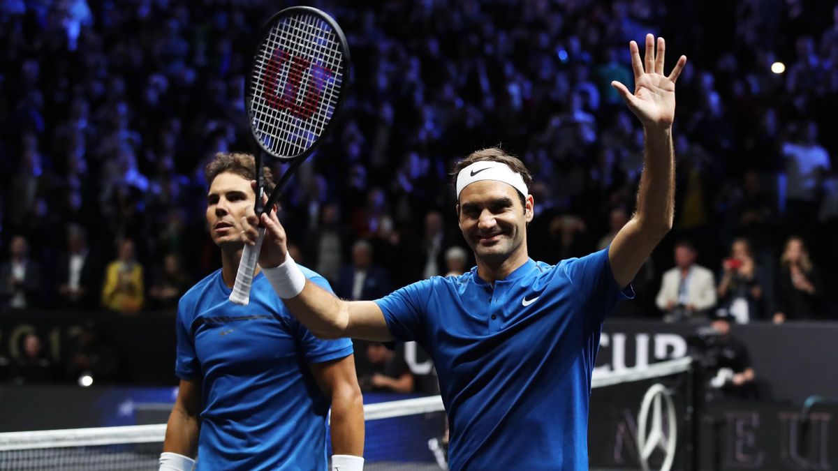 Roger Federer and Rafael Nadal of Team Europe celebrate after winning there doubles match against Jack Sock and Sam Querrey of Team World on Day 2 of the Laver Cup on September 23, 2017 in Prague, Czech Republic