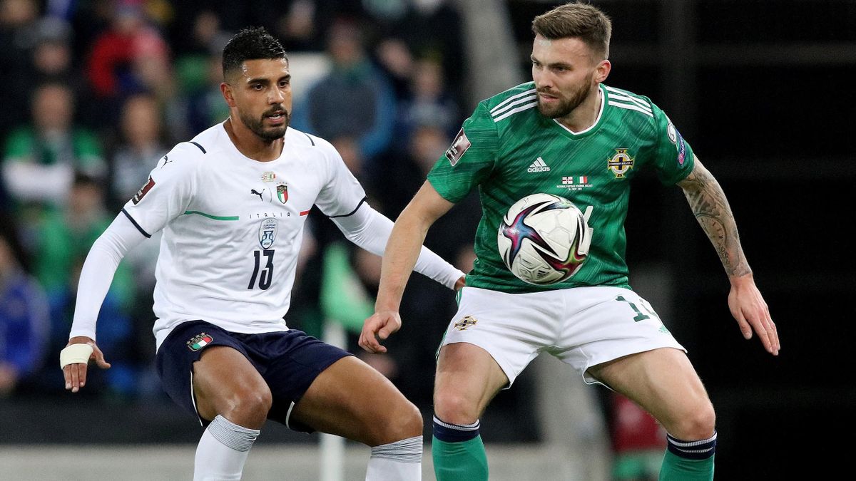 Italy's defender Emerson (L) vies with Northern Ireland's defender Stuart Dallas