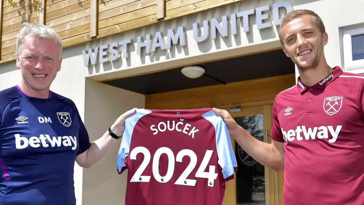 West Ham United confirm the permanent arrival of Czech Republic midfielder Tomas Soucek from Slavia Prague on a contract until 2024 seen here with manager David Moyes (L) at Rush Green on July 20, 2020 in Romford, England.