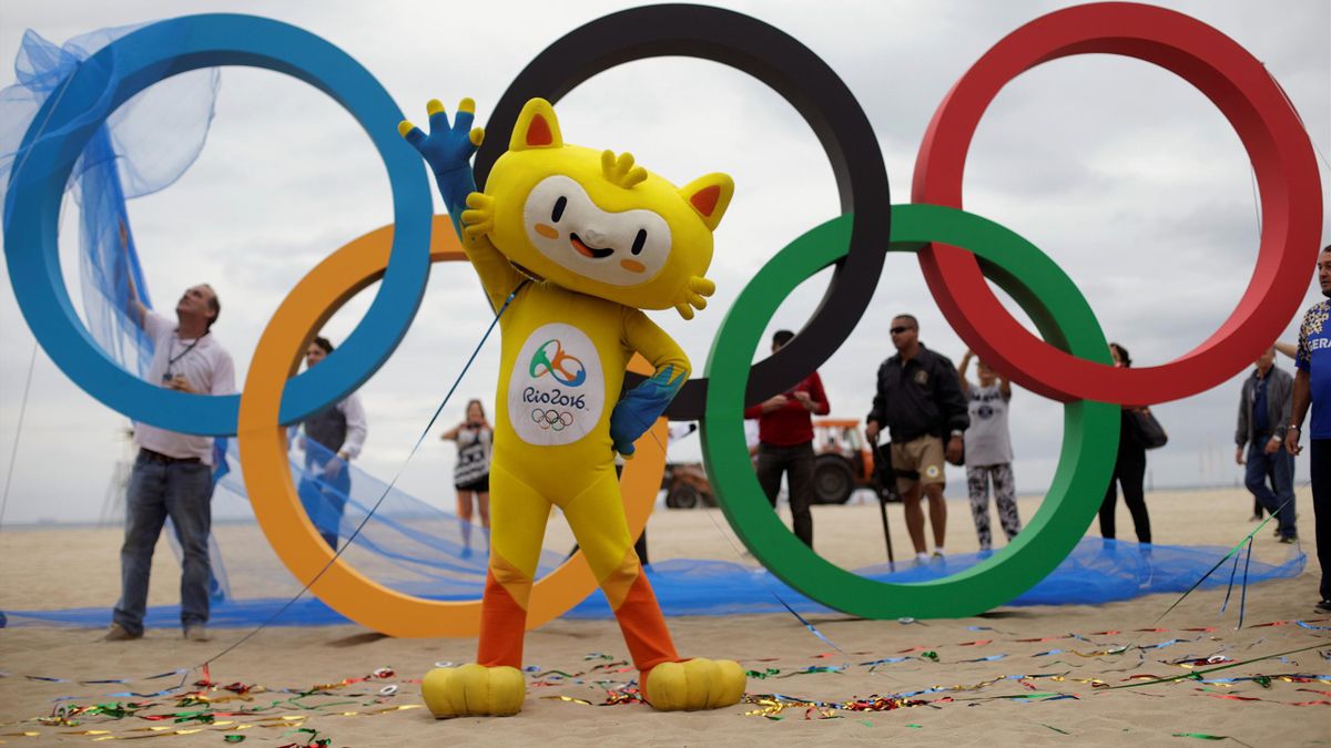 The 2016 Rio Olympics mascot Vinicius attends the inauguration ceremony of the Olympic Rings placed at the Copacabana Beach in Rio de Janeiro