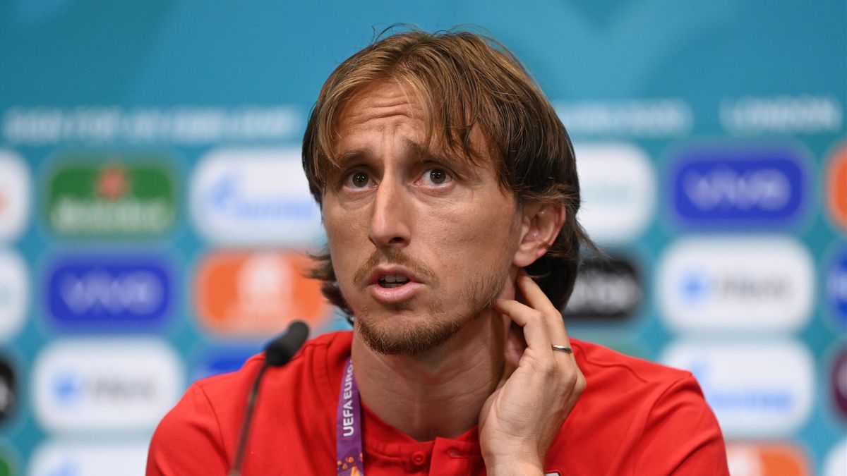 LONDON, ENGLAND - JUNE 12: In this Handout picture provided by UFEA, Luka Modric of Croatia speaks during the Croatia Press Conference ahead of the UEFA Euro 2020 Championship Group D match between England and Croatia at Wembley Stadium on June 12, 2021 i