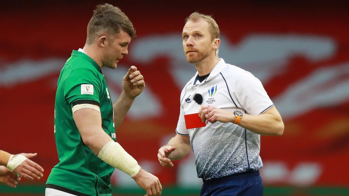 Peter O'Mahony of Ireland is shown a red card by referee Wayne Barnes, Guinness Six Nations match between Wales and Ireland, Principality Stadium, Cardiff, Wales, February 07, 2021
