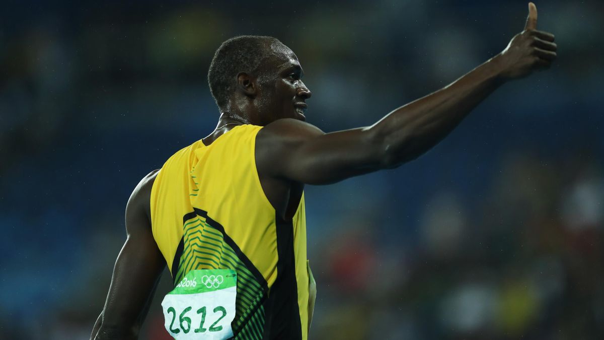 Usain Bolt of Jamaica celebrates after he wins Gold in the final of the Men's 200m on Day 13 of the Rio 2016 Olympic Games at the Olympic Stadium