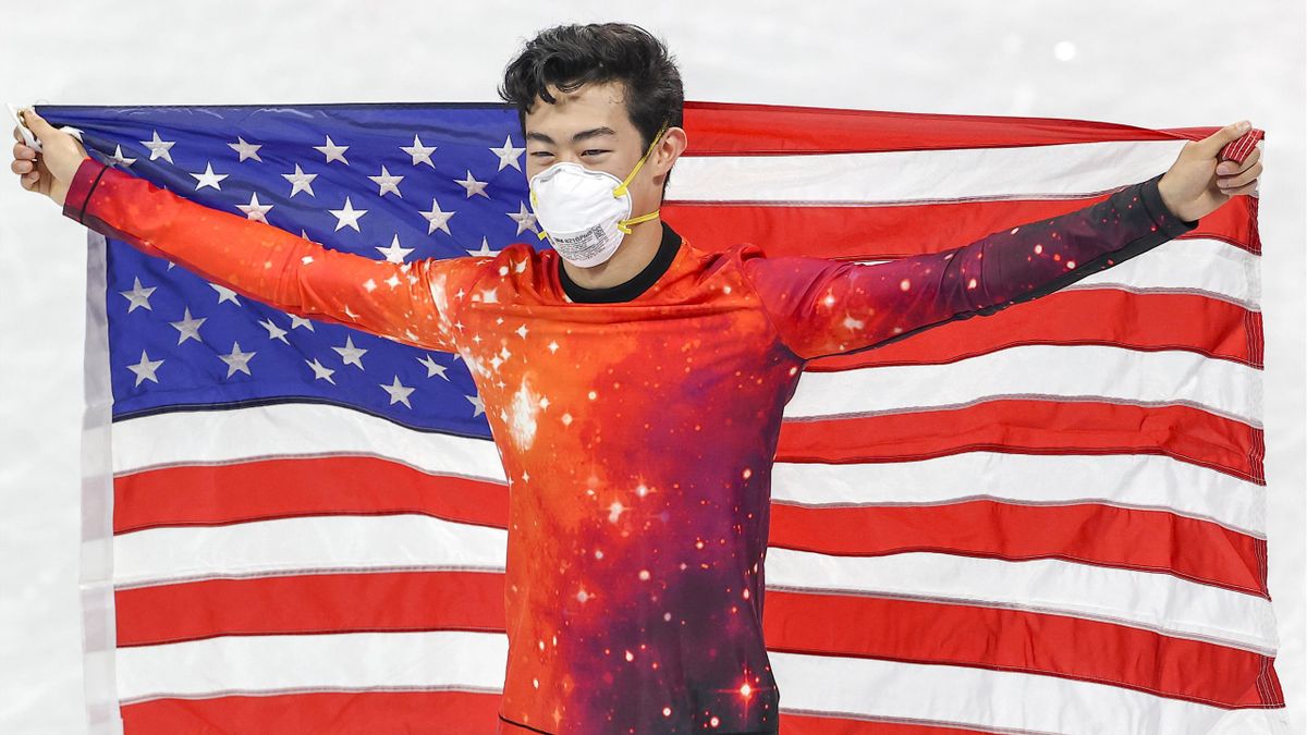 Nathan Chen of USA celebrates after winning gold medal at Menâs Single Skating - Free Skating during the Beijing 2022 Olympic Games in Beijing, China on February 10, 2022