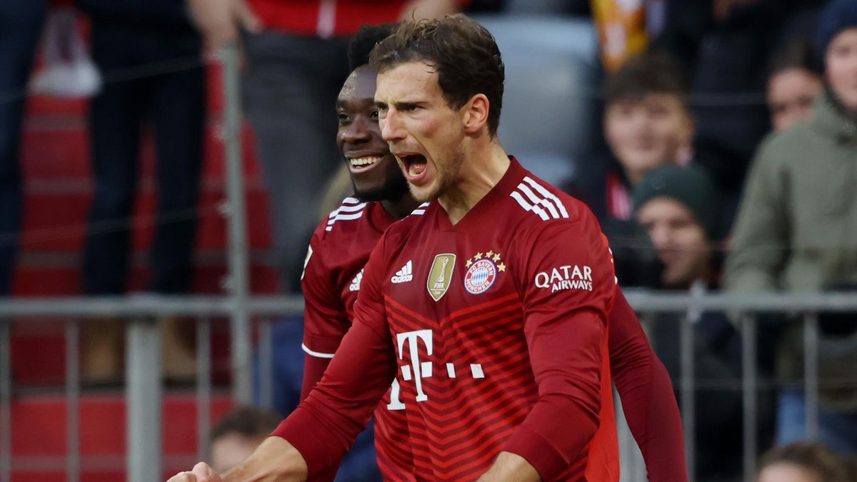 Leon Goretzka of FC Bayern Muenchen celebrates after scoring their team's first goal during the Bundesliga match between FC Bayern München and Sport-Club Freiburg at Allianz Arena