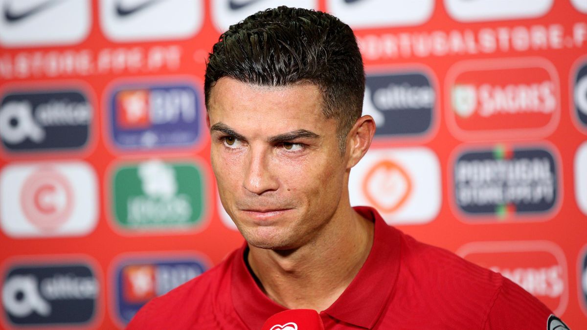 Portugal's forward Cristiano Ronaldo talks with press at the end of the FIFA World Cup 2022 European qualifying round group A football match between Portugal and Republic of Ireland, at the Algarve stadium in Faro,