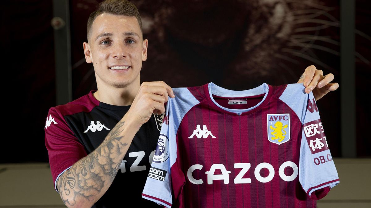 New signing Lucas Digne of Aston Villa poses for a picture at Bodymoor Heath training ground on January 13, 2022 in Birmingham, England. (Photo by Neville Williams/Aston Villa FC via Getty Images)