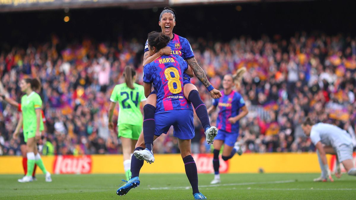 Jennifer Hermoso of Barcelona celebrates with team-mate Marta Torrejon after scoring during the UEFA Women's Champions League Semi-Final First Leg match between Barcelona and VfL Wolfsburg at on April 22, 2022 in Barcelona, Spain