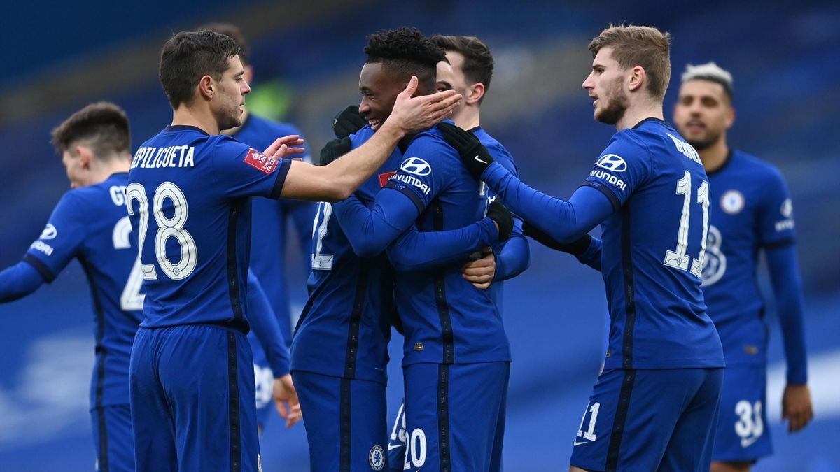 Callum Hudson-Odoi of Chelsea celebrates with team mates (L-R) Cesar Azpilicueta and Timo Werner after scoring their side's third goal during the FA Cup Third Round match