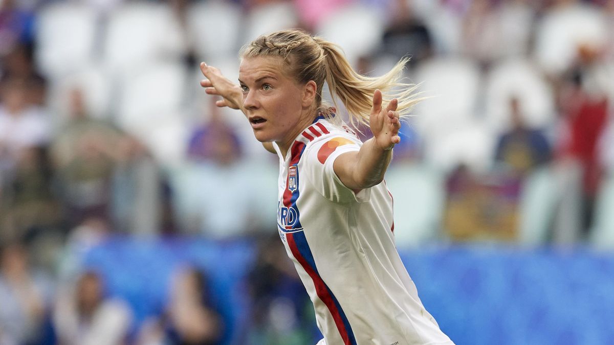 Ada Hegerberg of Olympique Lyonnais celebrates after scoring her sides first goal during the UEFA Women's Champions League final match between FC Barcelona and Olympique Lyonnais at Juventus Stadium on May 21, 2022 in Turin, Italy.