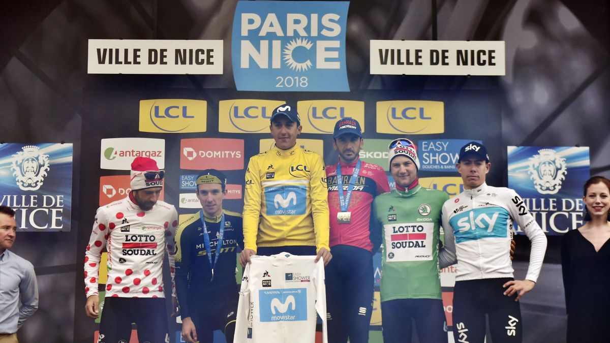 Paris-Nice 2018 winner Spain's Marc Soler (3rdL) celebrates his overall leader yellow jersey and his best young's white jersey, second-placed Great Britain's Simon Yates (2ndL), third-placed Spain's Gorka Izagirre (3rdR), Stage winner Spain's David De La