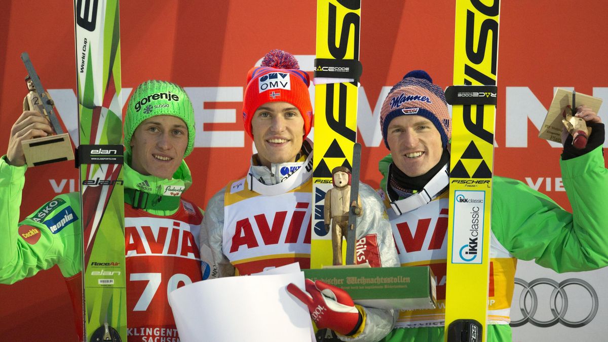 Peter Prevc (l), Daniel-Andre Tande (m) and Severin Freund (r) celebrate