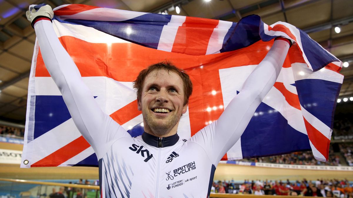 Jason Kenny of Britain celebrates winning the men's sprint final.