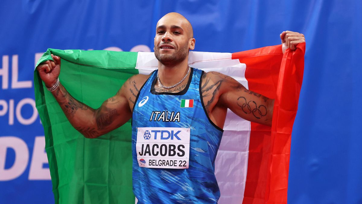 Lamont Marcell Jacobs of Italy celebrates after winning the Men's 60 Metres Final during Day Two of the World Athletics Indoor Championships at Belgrade Arena