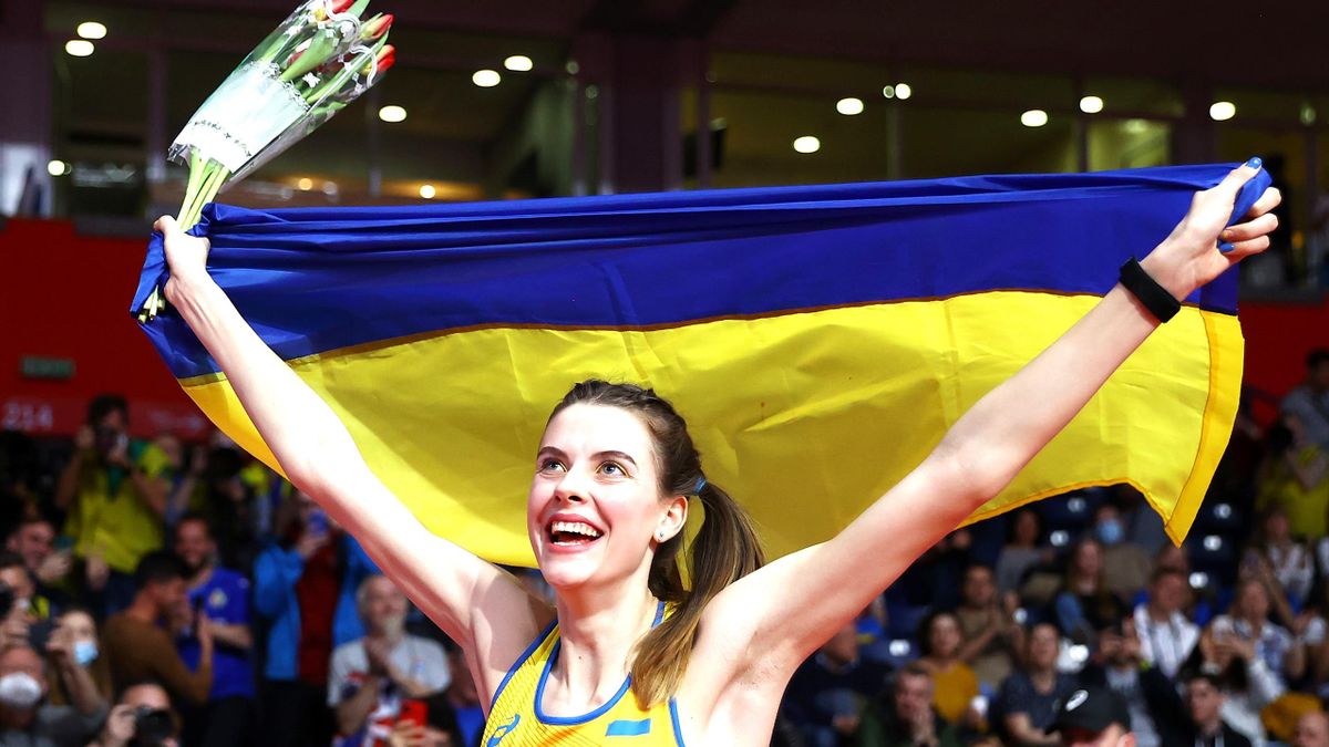 Yaroslava Mahuchikh of Ukraine celebrates after winning a Gold Medal in the Women's High Jump Final during Day Two of the World Athletics Indoor Championships at Belgrade Arena on March 19, 2022 in Belgrade, Serbia