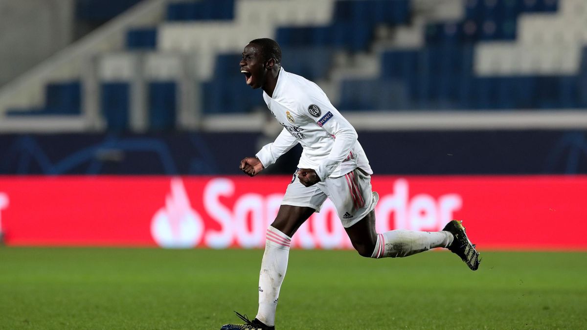 Ferland Mendy of Real Madrid celebrates after scoring their side's first goal during the UEFA Champions League Round of 16 match between Atalanta and Real Madrid at Gewiss Stadium on February 24, 2021 in Bergamo, Italy