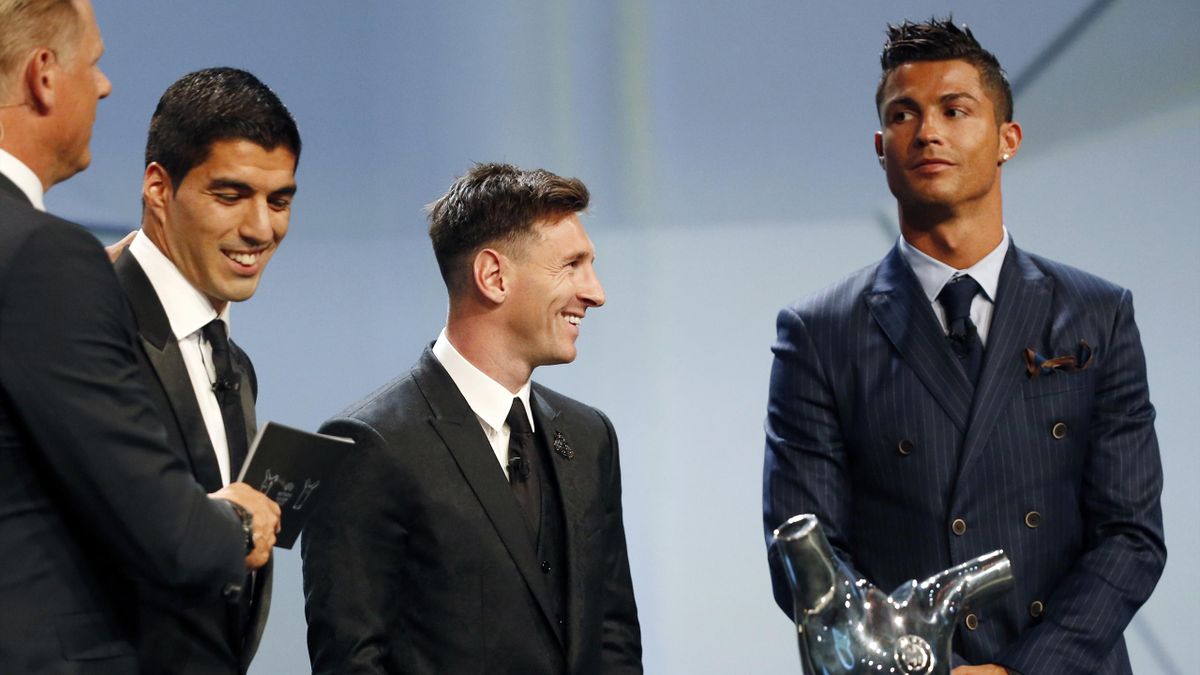 Barcelona's Luis Suarez and Lionel Messi and Real Madrid's Cristiano Ronaldo