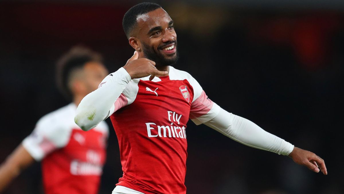 Alexandre Lacazette of Arsenal celebrates victory after the the Premier League match between Arsenal FC and Newcastle United at Emirates Stadium on April 01, 2019 in London, United Kingdom