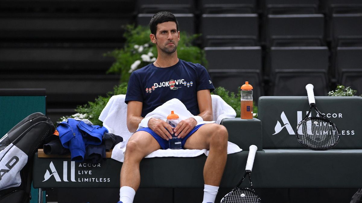 PARIS, FRANCE - OCTOBER 31: Novak Djokovic of Serbia during practice ahead of the Rolex Paris Masters at AccorHotels Arena on October 31, 2021 in Paris, France. (Photo by Justin Setterfield/Getty Images)