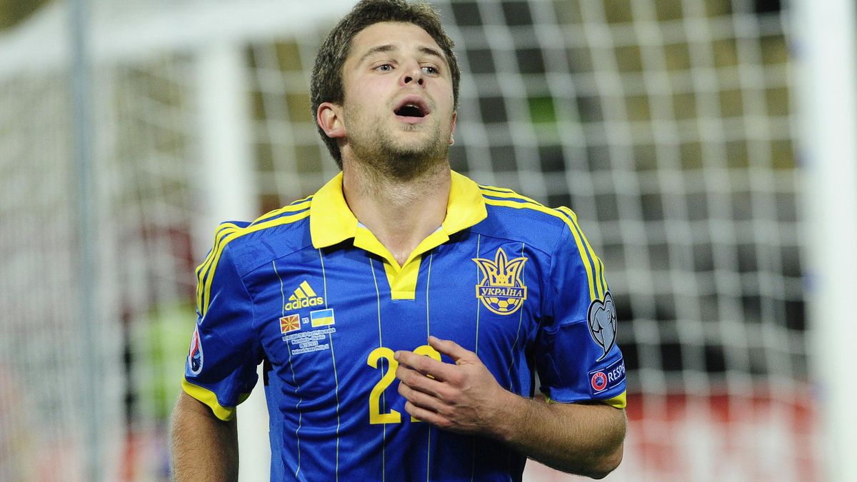 Ukraine's Artem Kravets celebrates after scoring a goal against Macedonia during their Euro 2016 Group C qualification match in Skopje, Macedonia.