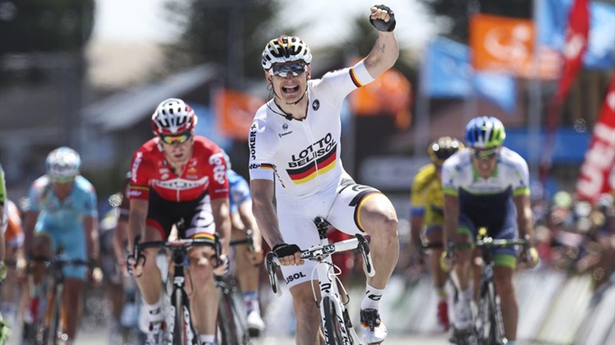 Andre Greipel reacts after winning stage four of the 2014 Tour Down Under (AFP)