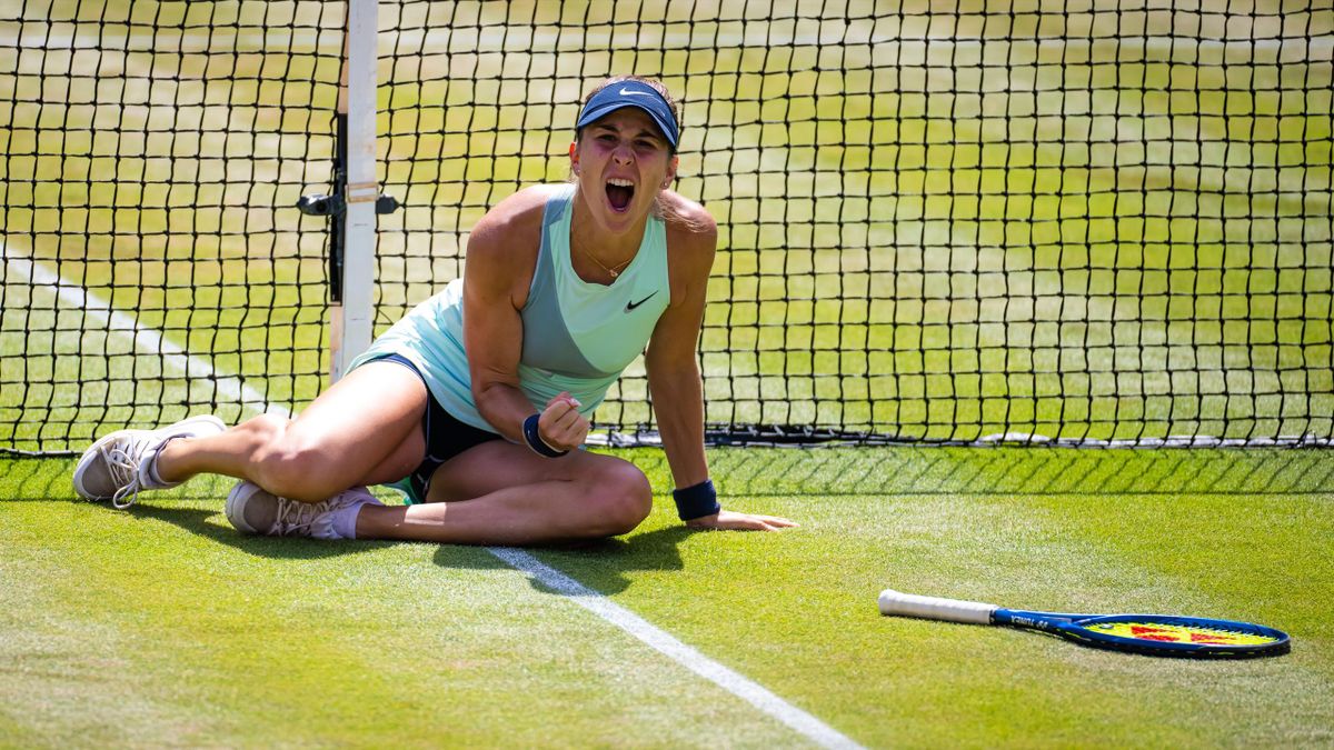 Belinda Bencic of Switzerland reacts to converting match point against Maria Sakkari of Greece in her semi-final match on Day 6 of the bett1open 2022 Berlin, Part of the Hologic WTA Tour, at LTTC Rot-Weiß e.V. on June 18, 2022 in Berlin, Germany.