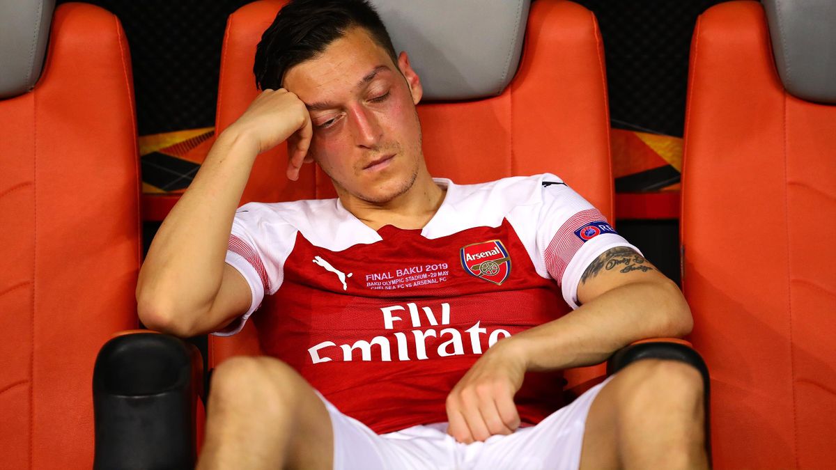 Mesut Ozil of Arsenal reacts following the UEFA Europa League Final between Chelsea and Arsenal