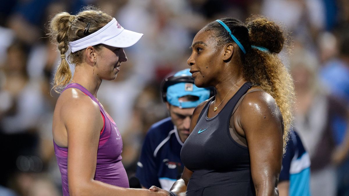Elise Mertens (L) and Serena Williams (USA) shake hands after their second round match of the Rogers Cup tennis tournament on August 7, 2019, at Aviva Centre in Toronto, ON, Canada