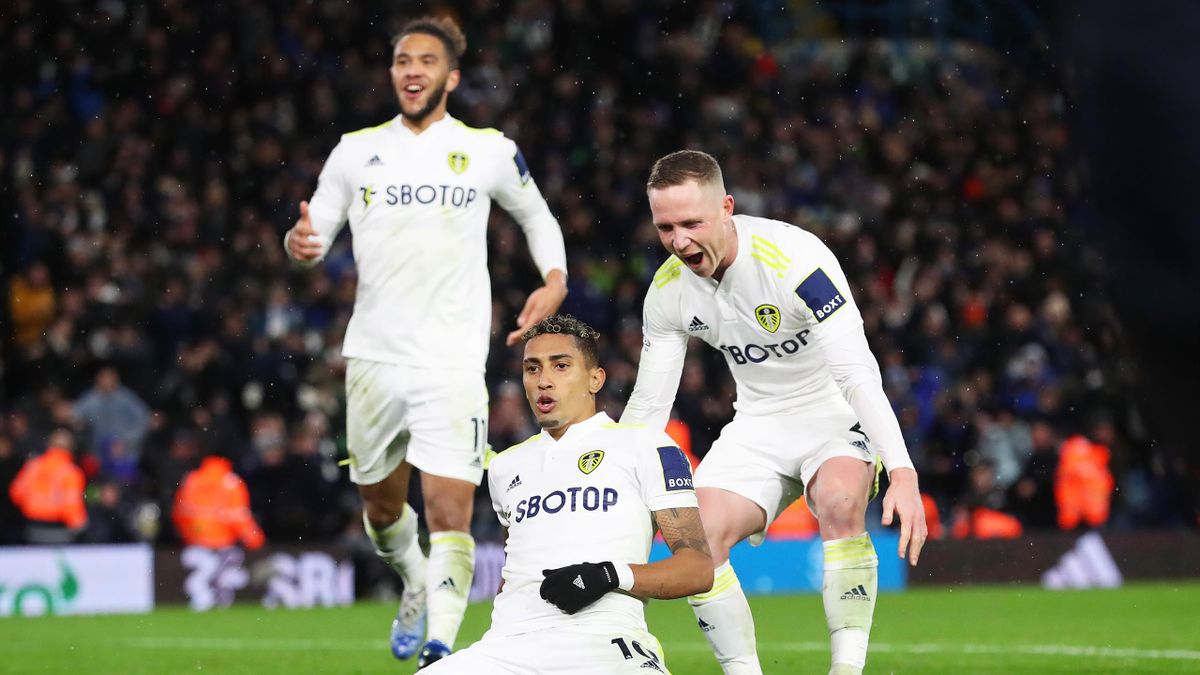 : Raphinha of Leeds United celebrates after scoring their side's first goal during the Premier League match between Leeds United and Crystal Palace at Elland Road on November 30, 2021 in Leeds, England