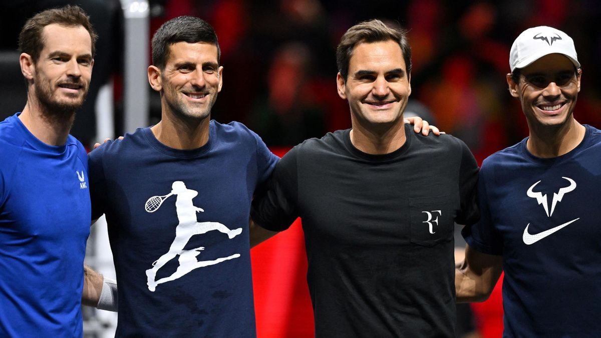 Britain's Andy Murray, Serbia's Novak Djokovic, Switzerland's Roger Federer and Spain's Rafael Nadal pose during a Team Europe practice session ahead of the 2022 Laver Cup at the O2 Arena
