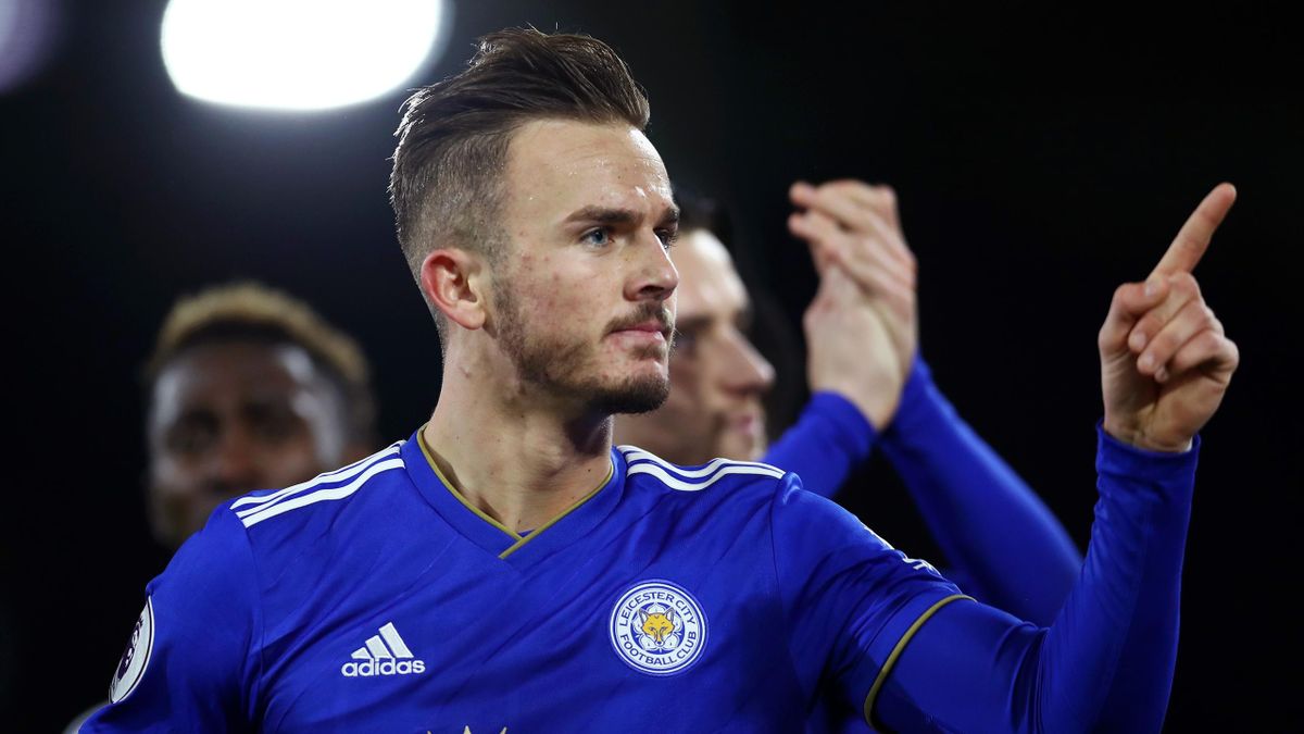 James Maddison of Leicester City celebrates after scoring his team's first goal during the Premier League match between Fulham FC and Leicester City at Craven Cottage on December 5, 2018 in London, United Kingdom.