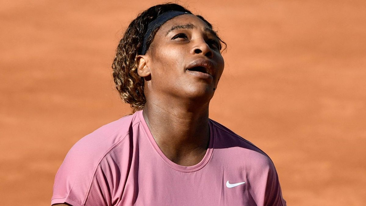 Serena Williams reacts after losing to Argentina's Nadia Podoroska during their match of the Women's Italian Open at Foro Italico on May 12, 2021