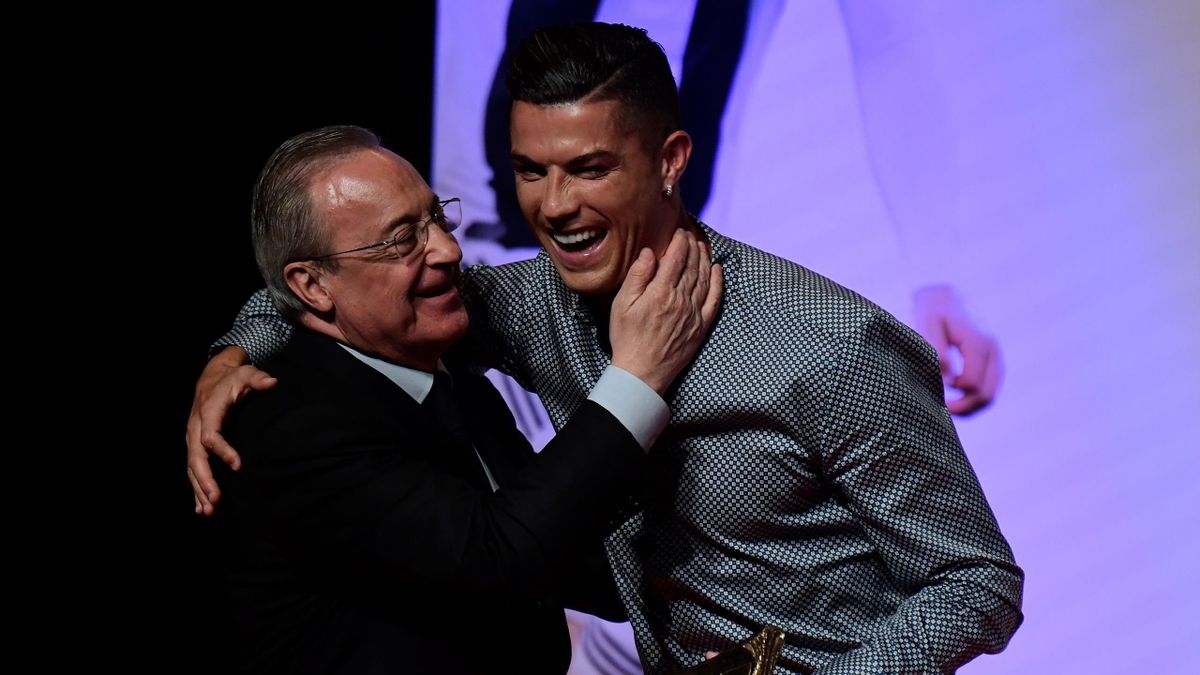 Portugal and Juventus forward Cristiano Ronaldo is congratulated by his former club Real Madrid's president Florentino Perez
