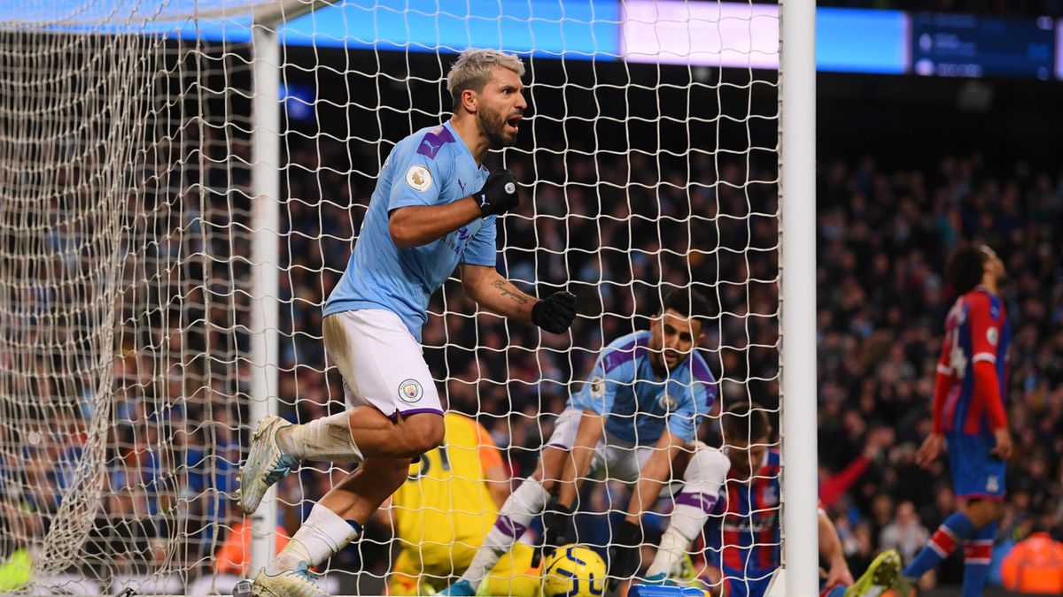 ergio Aguero of Manchester City celebrates after scoring his team's first goal during the Premier League match between Manchester City and Crystal Palace at Etihad Stadium on January 18, 2020 in Manchester, United Kingdom.