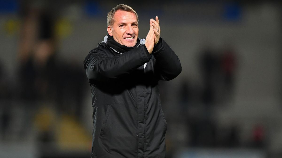 Brendan Rodgers, Manager of Leicester City applauds the Leicester City