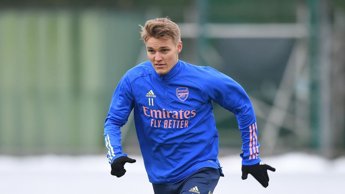 Martin Odegaard of Arsenal during a training session at London Colney on January 27, 2021 in St Albans, England.