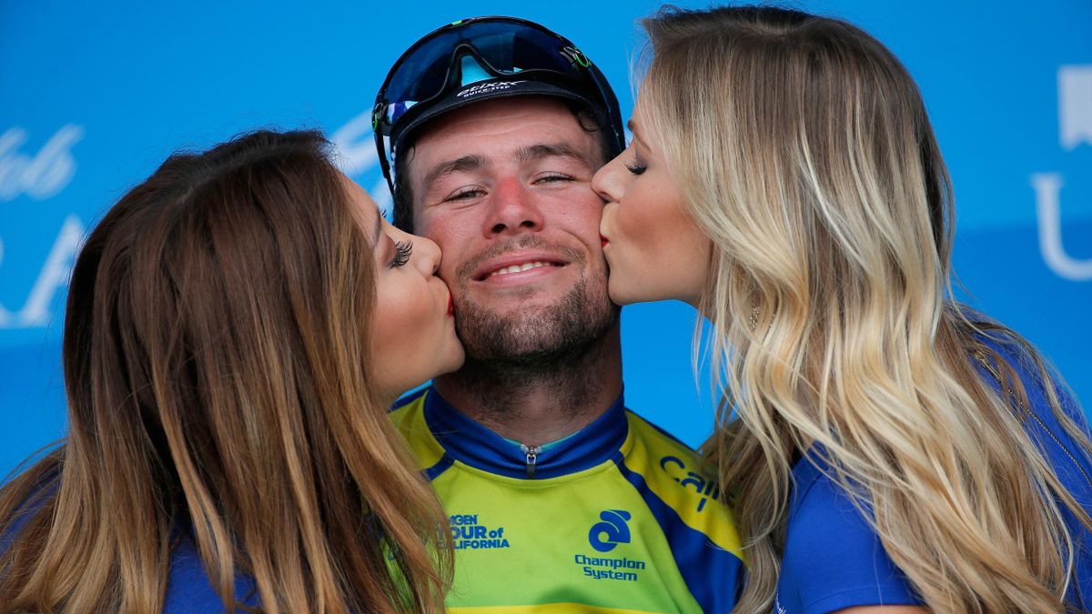 Mark Cavendish of Great Britain riding for Etixx - Quick-Step takes the podium after winning stage eight and securing the green points leader jersey of the 2015 Amgen Tour of California on May 17, 2015