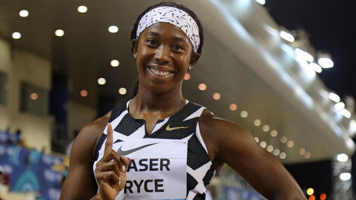 Jamaica's Shelly-Ann Fraser-Pryce celebrates after winning the Women's 100M final during the Diamond League athletics meeting at the Qatar Sports Club stadium in the capital Doha on May 28, 2021