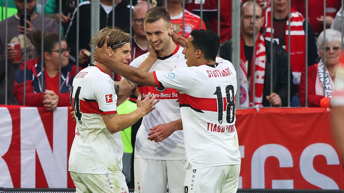 Stuttgart celebrate scoring against Bayern Munich