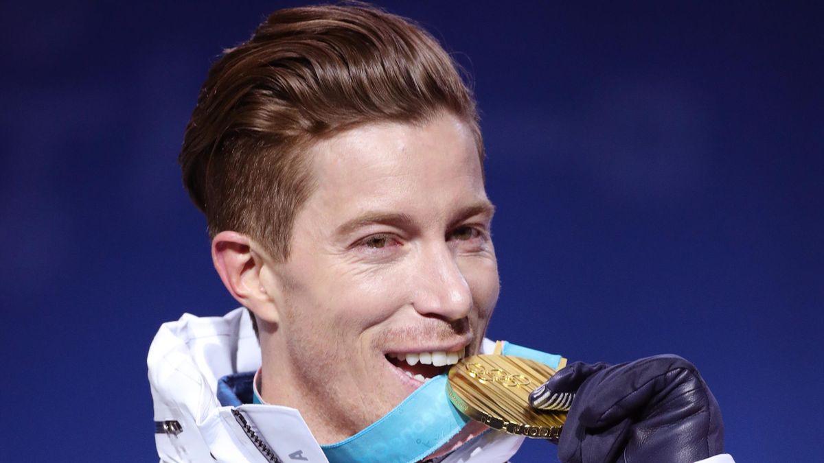 Shaun White with his medal during the ceremony for the Snowboard Men's Halfpipe Final at PyeongChang 2018