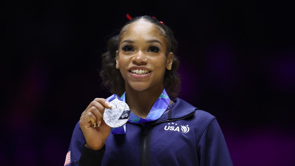 LIVERPOOL, ENGLAND - NOVEMBER 03: Silver medalist Shilese Jones of United States poses for a photo during the medal ceremony for Women's All-Around Final on day six of the 2022 Gymnastics World Championships at M&S Bank Arena on November 03, 2022 in Liver