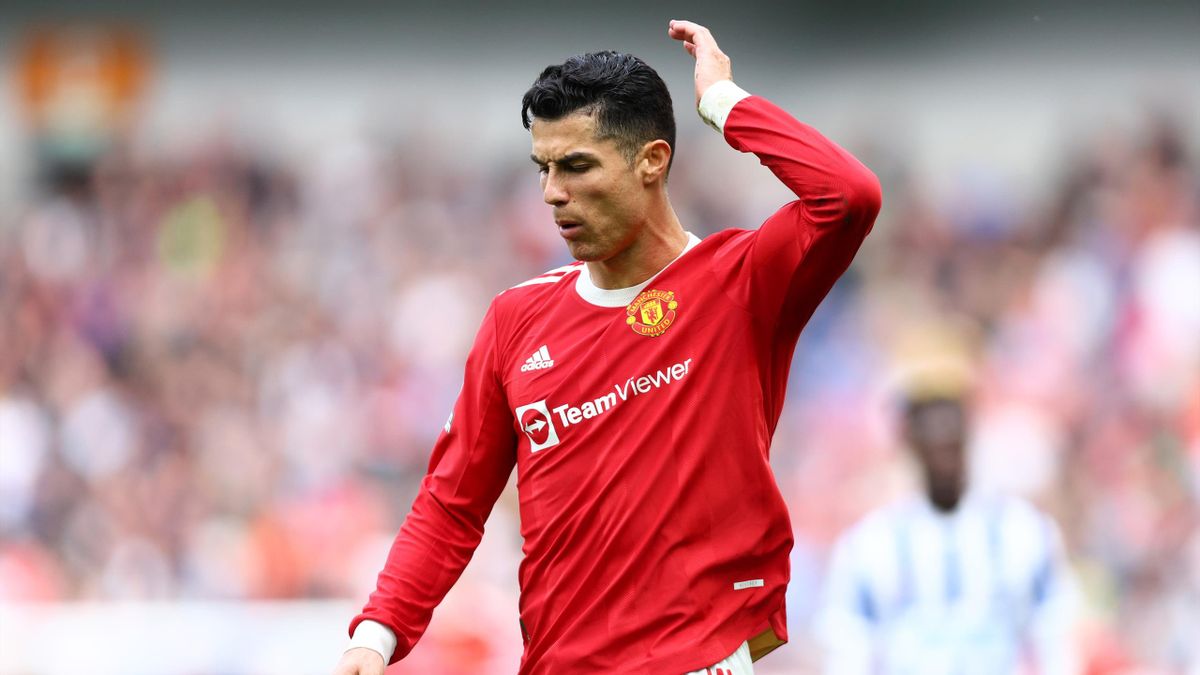 BRIGHTON, ENGLAND - MAY 07: Cristiano Ronaldo of Manchester United shows his frustration during the Premier League match between Brighton & Hove Albion and Manchester United at American Express Community Stadium on May 07, 2022 in Brighton, England. (Phot