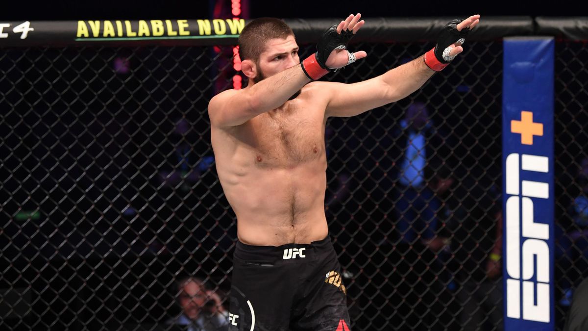 Khabib Nurmagomedov of Russia reacts after his submission victory over Justin Gaethje in their lightweight title bout during the UFC 254 event on October 25, 2020 on UFC Fight Island, Abu Dhabi, United Arab Emirates