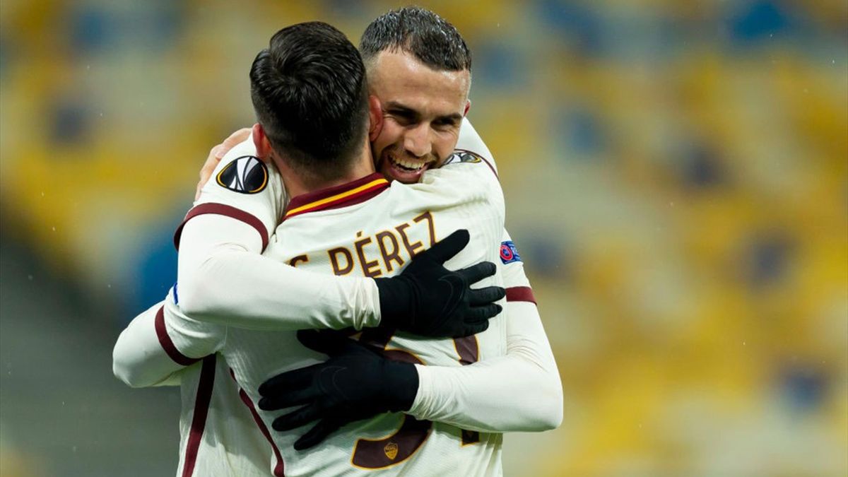 Borja Mayoral festeggia con Carles Perez la doppietta in Shakhtar Donetsk-Roma - Europa League 2020/2021 - Getty Images