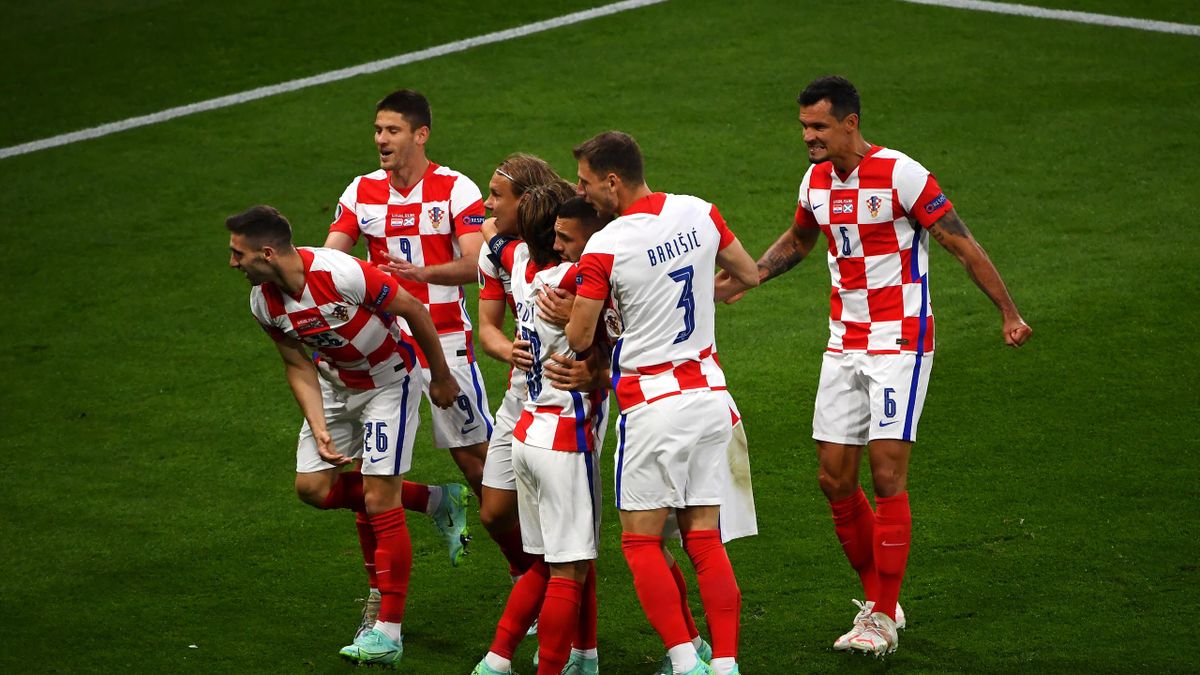 GLASGOW, SCOTLAND - JUNE 22: Ivan Perisic of Croatia celebrates with teammates after scoring their side's third goal during the UEFA Euro 2020 Championship Group D match between Croatia and Scotland at Hampden Park on June 22, 2021 in Glasgow, Scotland.