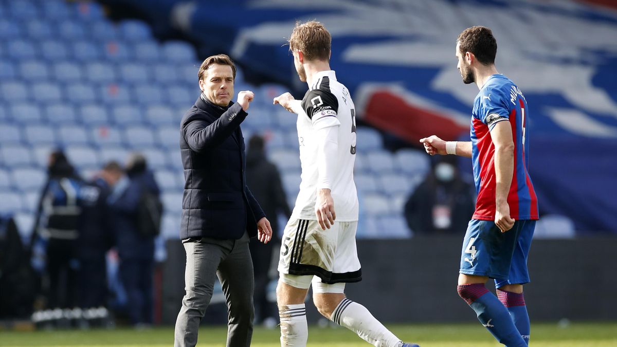 Scott Parker, Manager of Fulham interacts with Joachim Andersen following the Premier League match between Crystal Palace and Fulham at Selhurst Park on February 28, 2021
