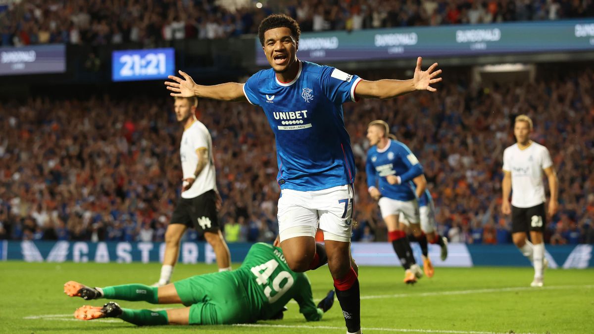 Malik Tillman of Rangers celebrates scoring his team's third goal during the UEFA Champions League Third Qualifying Round second leg match between Glasgow Rangers and Royale Union Saint-Gilloise at Ibrox Stadium on August 09, 2022 in Glasgow, Scotland.